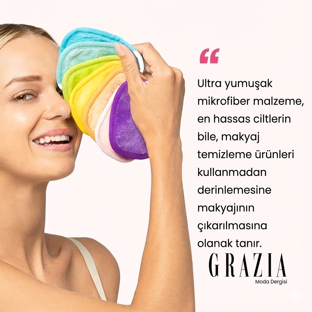 7 renkli Lilly PurePad makyaj temizleme pedini tutan kadın manken ve yanında dergide ürün hakkında yazı bulunan sahne